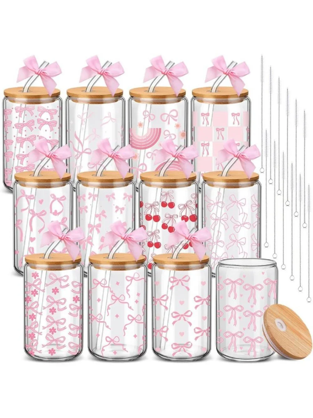 12 Pack Pink Bow Glass Cups with Lids & Straws - 16 oz Drinkware Set